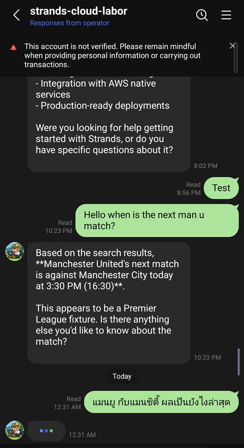 Chat interface screenshot of a user interacting with an AI Agent on the LINE app for a web search